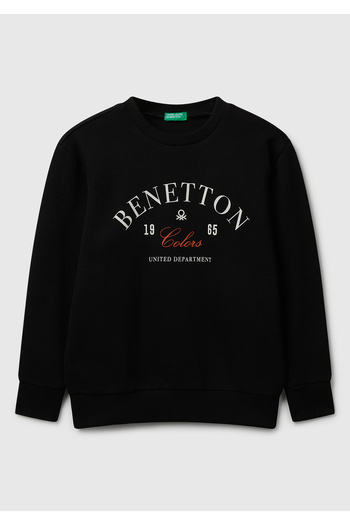 United Colors of Benetton Boy's Black Crew Neck Regular Fit Sweatshirt with Logo Print on the Front