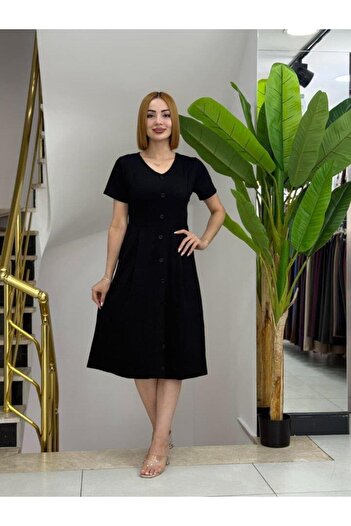 BÜŞRA TEZEL MODA Women's Short Sleeve V Neck Front Button A-Line Woven Dress