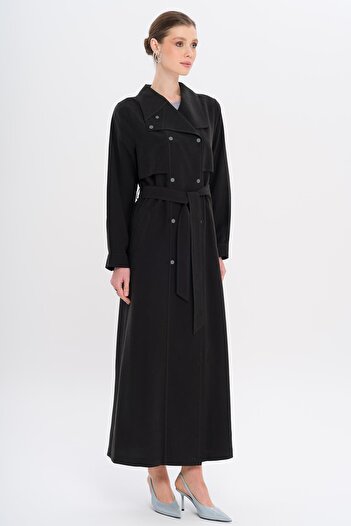 Olcay Handkerchief Collar Cape and Snap Detailed Unlined Modal Cap Black 6729
