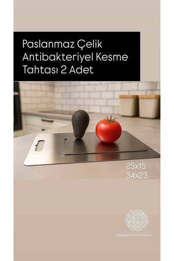 pınars Stellica 2 Pieces Stainless Steel Cutting Board Double-Sided Use with Sticky Silicone Gift