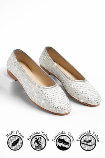 Nstil Daily Silver Women's Ballerinas Oval Toe Silver Stone Satin Orthopedic Lightweight Home Business Office Shoes 38