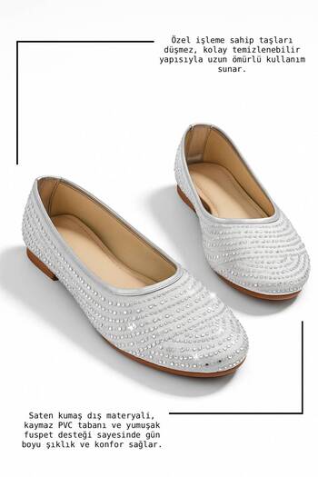 Nstil Daily Silver Women's Ballerinas Oval Toe Silver Stone Satin Orthopedic Lightweight Home Business Office Shoes 38