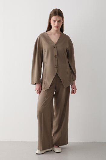JASTE Women's Khaki V Neck Button down Jacket & Elastic Waist Pants Bottom & Top Set