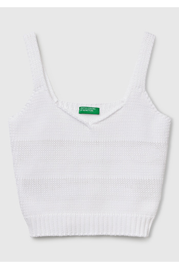United Colors of Benetton Women's White 100% Cotton Stripe Effect Knitted Relax Fit V-Neck Knitwear Undershirt