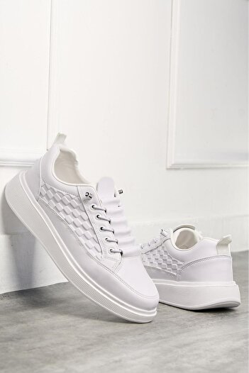 Nstil Casual White Men's Sports Shoes Lace-Up Stitching Detail Lightweight Thick High Sole Sneaker 418