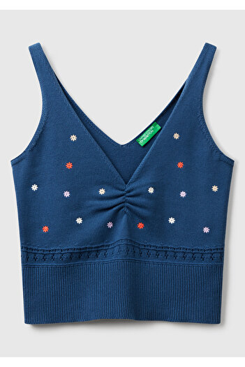 United Colors of Benetton Women's Denim 100% Cotton Floral Embroidered Chest Gathered Regular Fit Knitwear Undershirt