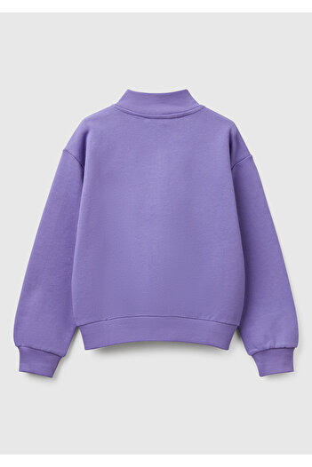 United Colors of Benetton Girl's Purple Glitter Benetton Logo Embroidered Zipper Sweatshirt
