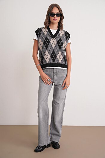 Mixray 6930 Women's Diamond Patterned Knitwear Sweater Black
