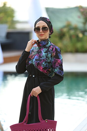 NS TASARIM MAYO Lena Model Lily Pattern Design Hijab Swimsuit Set