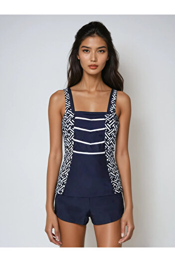 hazelin Women's Navy Blue White Patterned Tankini with Shorts Hzl25S-Ar1801