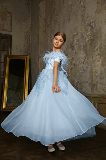 By Feyza Kids Collection Kız Çocuk Abiye Elbise Kabarık Taş Süslemeli Pullu Prenses Model – Pembe Beyaz Mavi – 7-14 Yaş