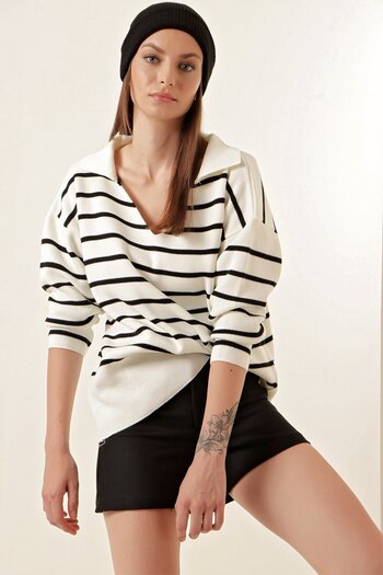 hazelin Women's White Black Striped Polo Neck Crop Sweater Hzl23W-Bd1100841