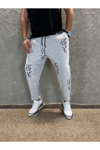 hazelin Men's Gray Japanese Pattern Waist Rope Tied Straight Cut Pants Sweatpants HZL24S-MXC8948-193
