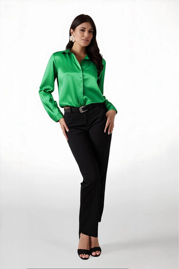 hazelin Women's Dark Green Lightly Flowy Satin Surface Shirt Hzl22W-Bd139641