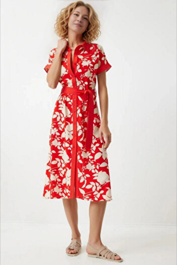 hazelin Red Cream Viscose Summer Dress - Belted and Buttoned, Floral Pattern HZL24S-BD124551