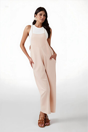 hazelin Women's Cream Adjustable Strap Pocketed Wide Leg Gardener Overalls Hzl22S-Bd170191