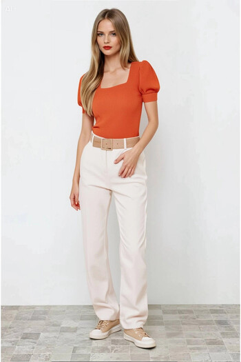hazelin Woman's Orange Square Neck Knitted Blouse Hzl22w-bd104091
