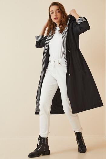 hazelin Women's Black Drawstring Waist Hooded Long Trench Coat Hzl22W-Bd190911