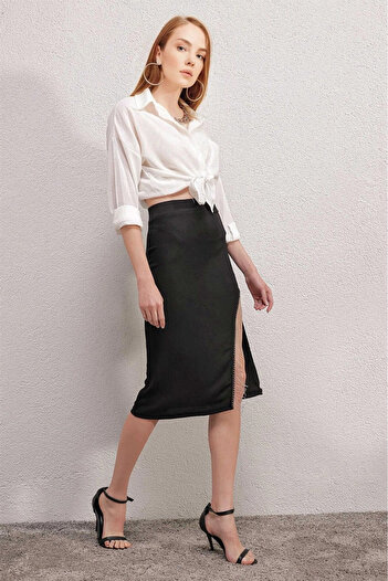 hazelin Women's Black Slit Tassel Jewelled Elastic Waist Long Skirt HZL24S-BD118901