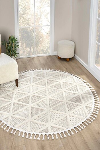 Eliz Home Beyaz Bej Yumuşak Yuvarlak Yıkanabilir Dokuma Halı Çocuk Odası Oturma Odası Salon Halısı YUVARLAK