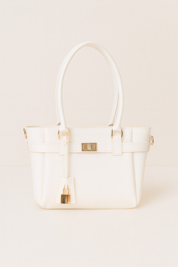 NOTHING Women's White Belt and Lock Charm Detailed Zipper Closure Hand and Shoulder Bag Lotus