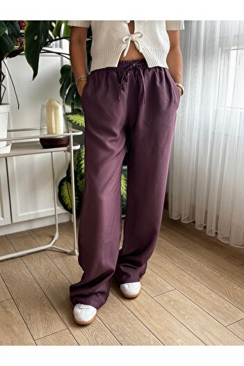 Store Yüksek Bel Wide Leg/Geniş Paça Beli Lastikli Dökümlü Kumaş Rahat Pantolon