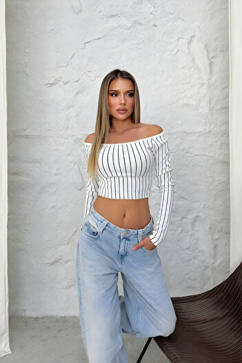 İLKCET MODA Ριγέ λευκό οθωμανικό ύφασμα Madonna Crop