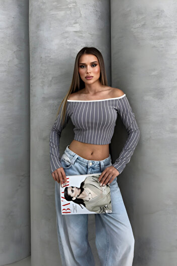 İLKCET MODA Çizgili Gri Ottoman Kumaş Madonna Crop