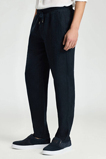 Hemington Pure Linen Lace-Up Navy Blue Trousers