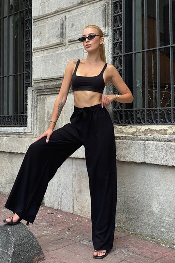 VAGGON Women's Black Elastic Waist Lace-Up High Waist Wide Leg Pants Vs00906