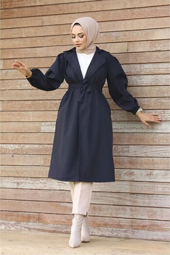 MY QILAM Number 10 Fashion Women's Waist-Tied Navy Blue Balloon Sleeve Trench Standard Size (between 38/44)