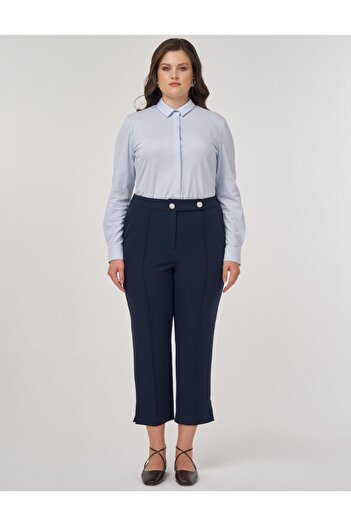 Kayra Button Detailed Fabric Trousers Dark Navy Blue