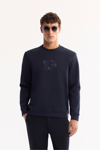 Avva Men's Navy Blue Crew Neck Cotton Bi-Stretch Printed Sweatshirt A52Y1247