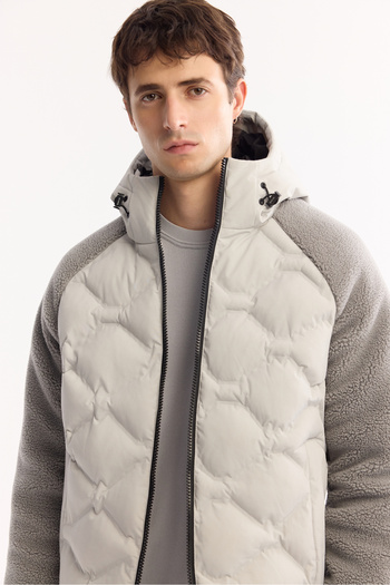Avva Men's Grey Hooded Water Repellent Windproof Regular Fit Plush Coat A52Y6077