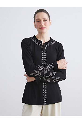 LC Waikiki Black Ruffled Tie Neck Patterned Blouse