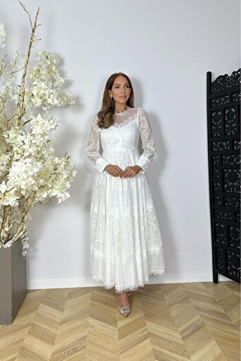 gesmoda G1526 Lace Design Maxi Evening Dress White