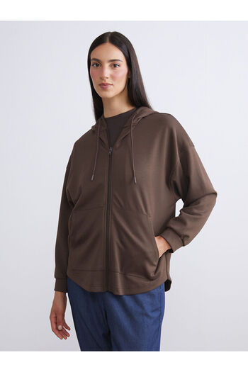 LC Waikiki Brown Hooded Oversize Women's Zippered Sweatshirt