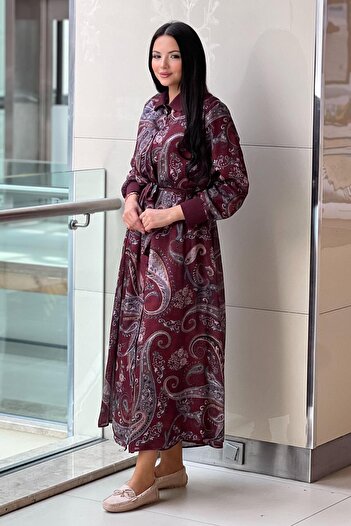 Ghisa Shawl Patterned Full Buttoned Lined Dress