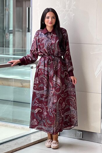 Ghisa Shawl Patterned Full Buttoned Lined Dress