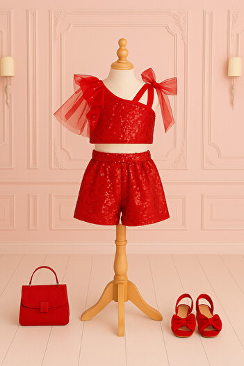 NA ADDESIGN Girl's Sequined One-Shoulder Party Set with Shorts |   Birthday & Dance Outfit