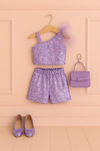 NA ADDESIGN Girl's Sequined One-Shoulder Party Set with Shorts |   Birthday & Dance Outfit