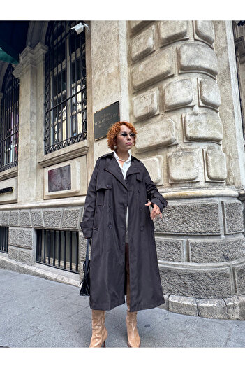 Bak'ap Premium Waterproof Buttoned Long Trench Coat with Lace-Up Detail