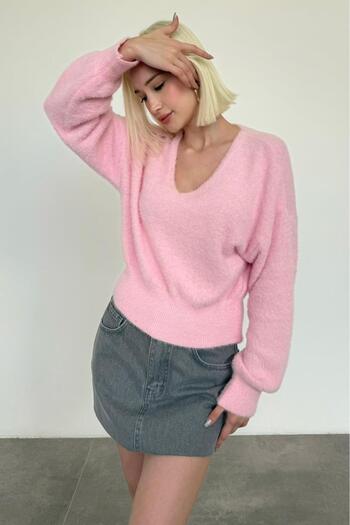 Madmext Pink V-Neck Soft Textured Women's Sweater Mg2499