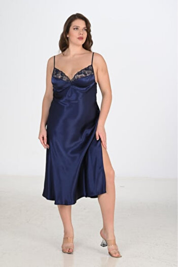Bleu Petite Navy Blue Plus Size Lace Detail Satin Dressing Gown Nightgown Set