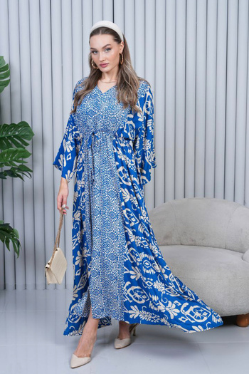 AYASOFYA OTANTIK Rochie lungă, largi, supradimensionată, cu mâneci balon, cu model etnic albastru pentru femei