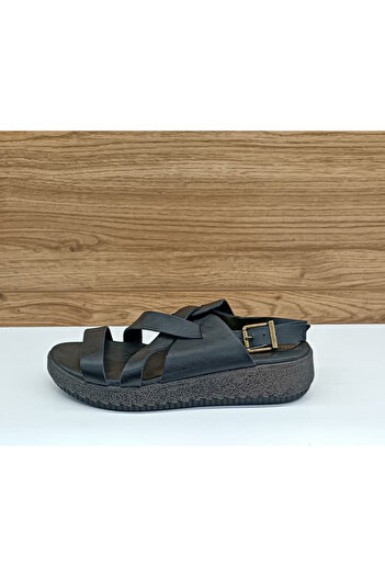 Mammamia Ys5160 Black Genuine Leather Casual Women's Sandals