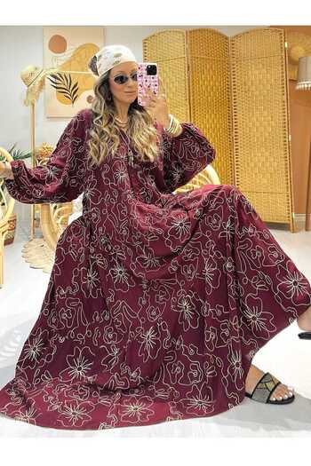 QUAWEAR V-Neck Embroidered Linen Fabric Full Length Dress