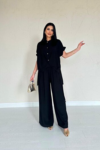 Asil Acar Home Black Front Pleated Double Linen Suit - L - Black
