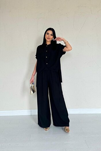 Asil Acar Home Black Front Pleated Double Linen Suit - L - Black