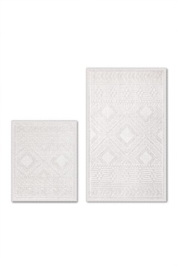 Bluenity Bukle Bohem Natural Cotton 2-Piece Bath Mat Set 60X100+50X60 cm - Ecru